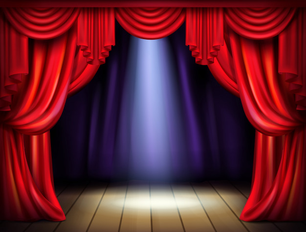 palco vazio com cortinas vermelhas abertas e feixe de luz do projetor no piso de madeira 33099 952