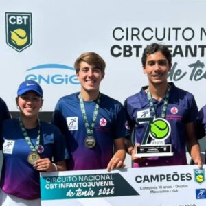 Na imagem, Yasmin Monteiro, Rafael Finetto e Bruno Rodrigues, os tenistas paineirenses que venceram na 5ª etapa do Circuito Nacional CBT Infantojuvenil.